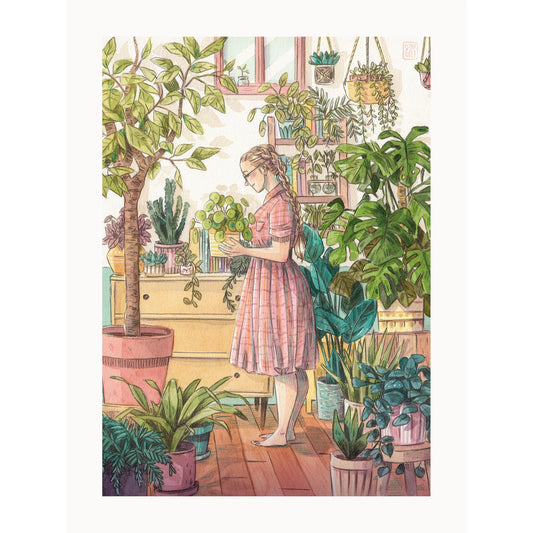 Ilustración de Esther Gili de una mujer en medio de un invernadero rodeada de plantas y árboles