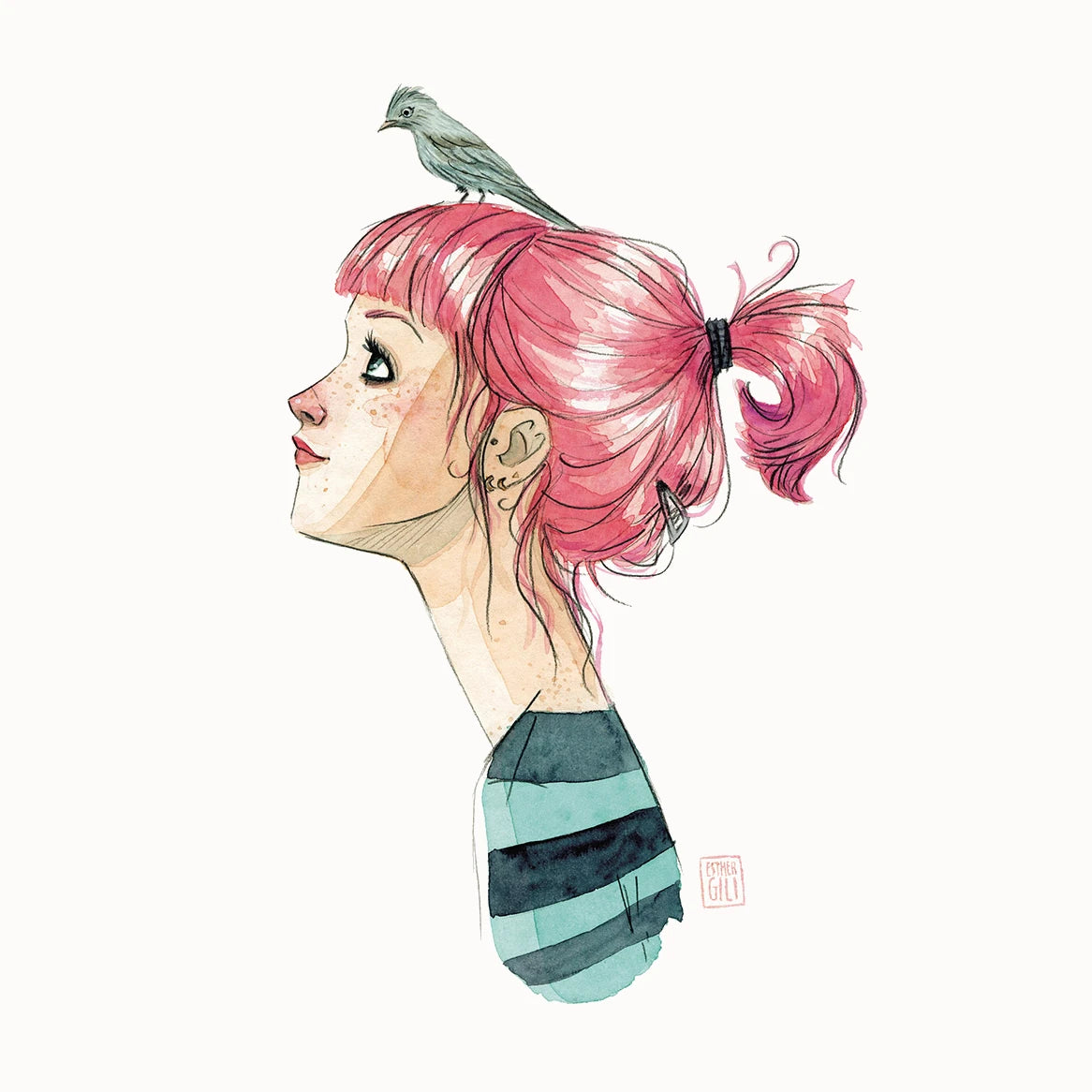 Ilustración de Esther Gili de una chica con el pelo rosa y un pájaro en la cabeza
