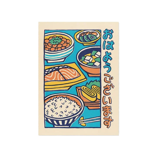 postal de desayuno japonés de yeaaah studio con varios platos de comida japonesa sobre un fondo azul