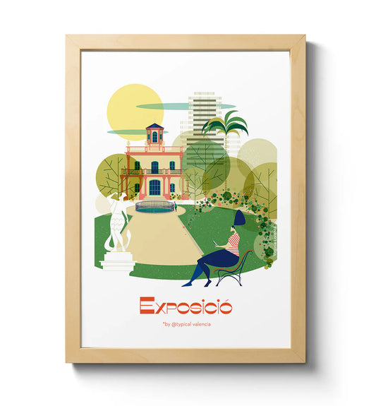 Ilustración de Atypical Valencia con jardín, edificio y estatua del barrio valenciano de Exposició