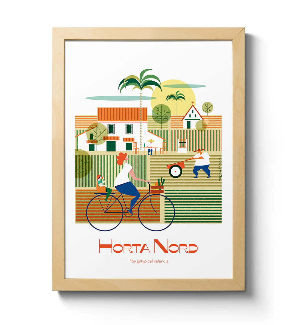Ilustración de Atypical de la Horta nord con un hombre arando y una mujer en biciclata con un bebé detrás.