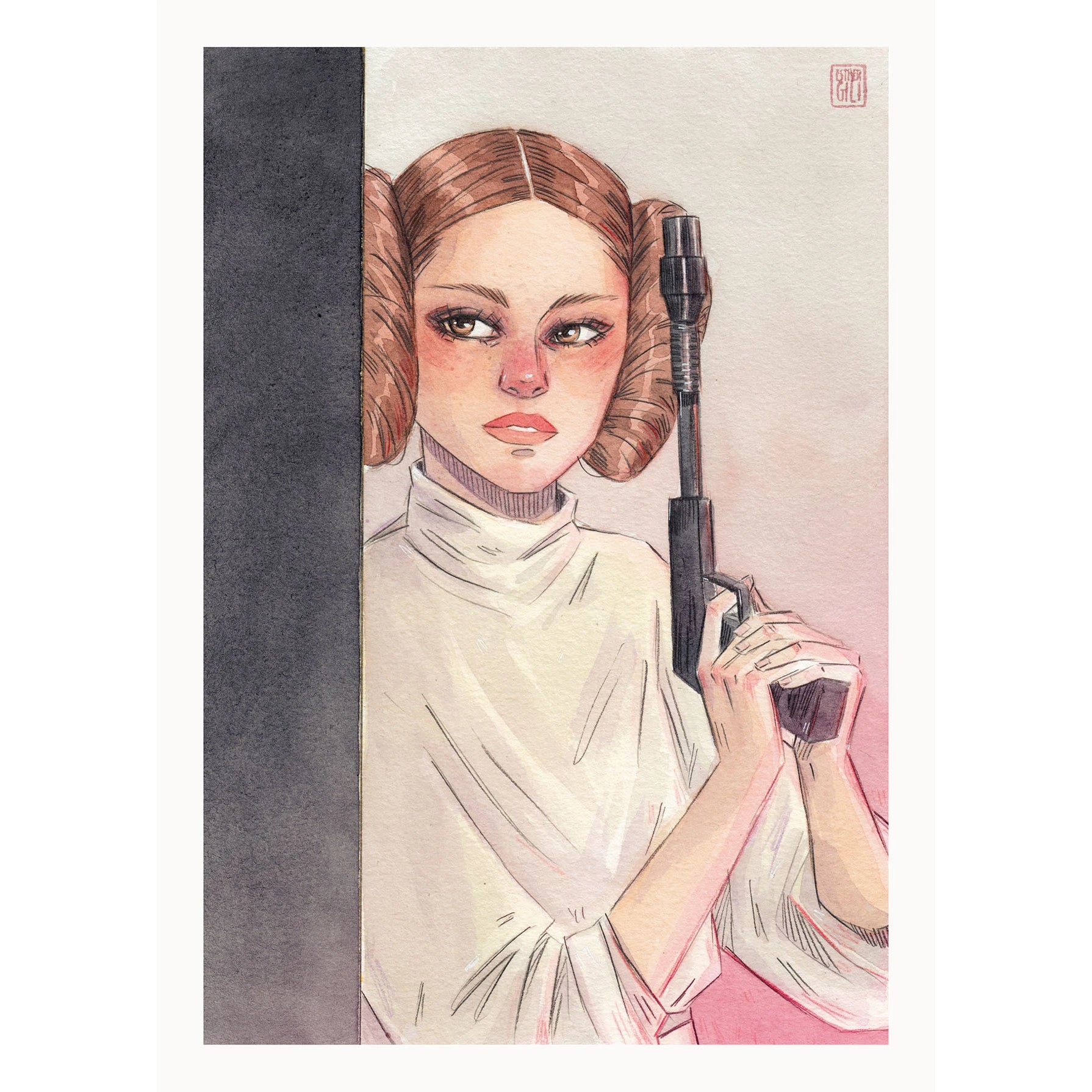 Ilustración de Esthre Gili de la princesa Leia de Star Wars con rodetes, vestido blanco y un arma en las manos