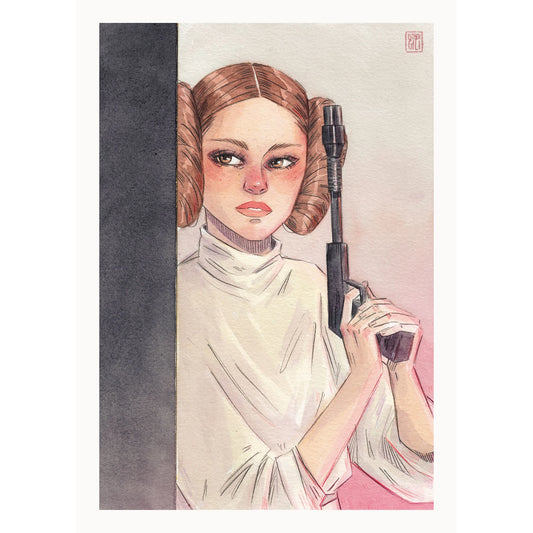 Ilustración de Esthre Gili de la princesa Leia de Star Wars con rodetes, vestido blanco y un arma en las manos 