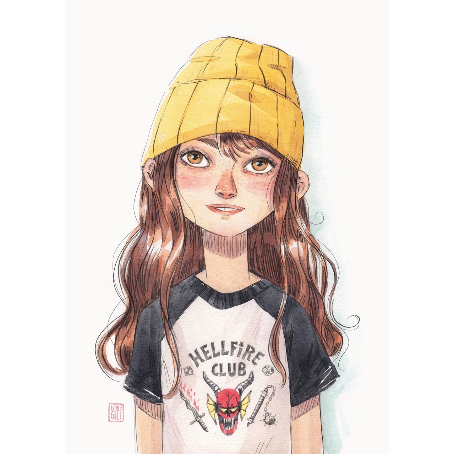 Ilustración de Esther Gili con una niña preadolescente fan de Stranger Things con camiseta de Hellfire Clup y gorro de lana amarillo