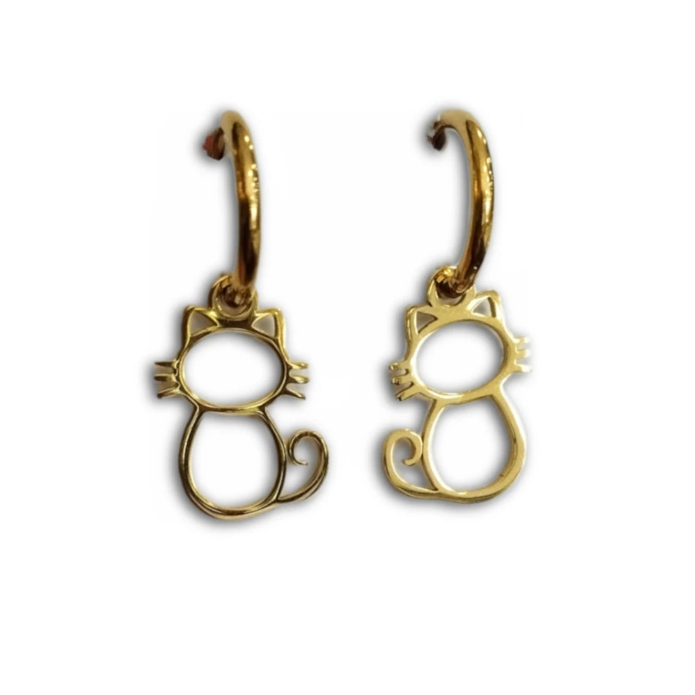 pendientes de silueta de gato con bigotes y enganche de aro, de color dorado