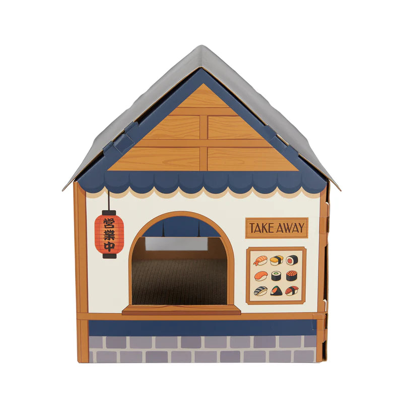 parte de atrás de la casa rascador para gatos en forma de puesto de sushi callejero japonés de cartón plegable, con rascador en la base y ventanas cortadas para que entre y salgan los gatos
