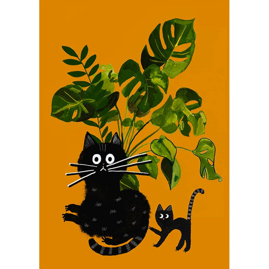 Imagen print ugly cats, gatos y mosntera de guspirus, con dos gatos y una planta sobre fondo naranja