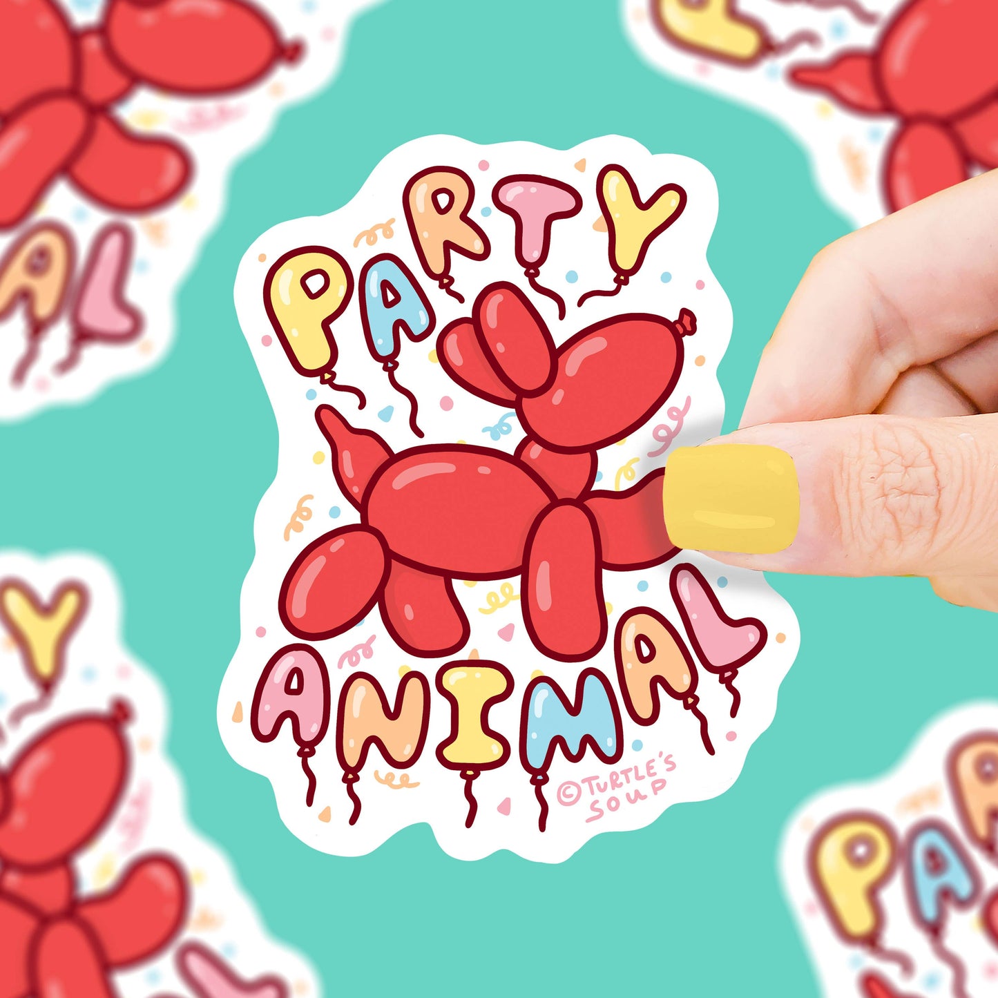 Pegatina con forma de perro de globos rodeado de letras PARTY ANIMAL hechas con globo