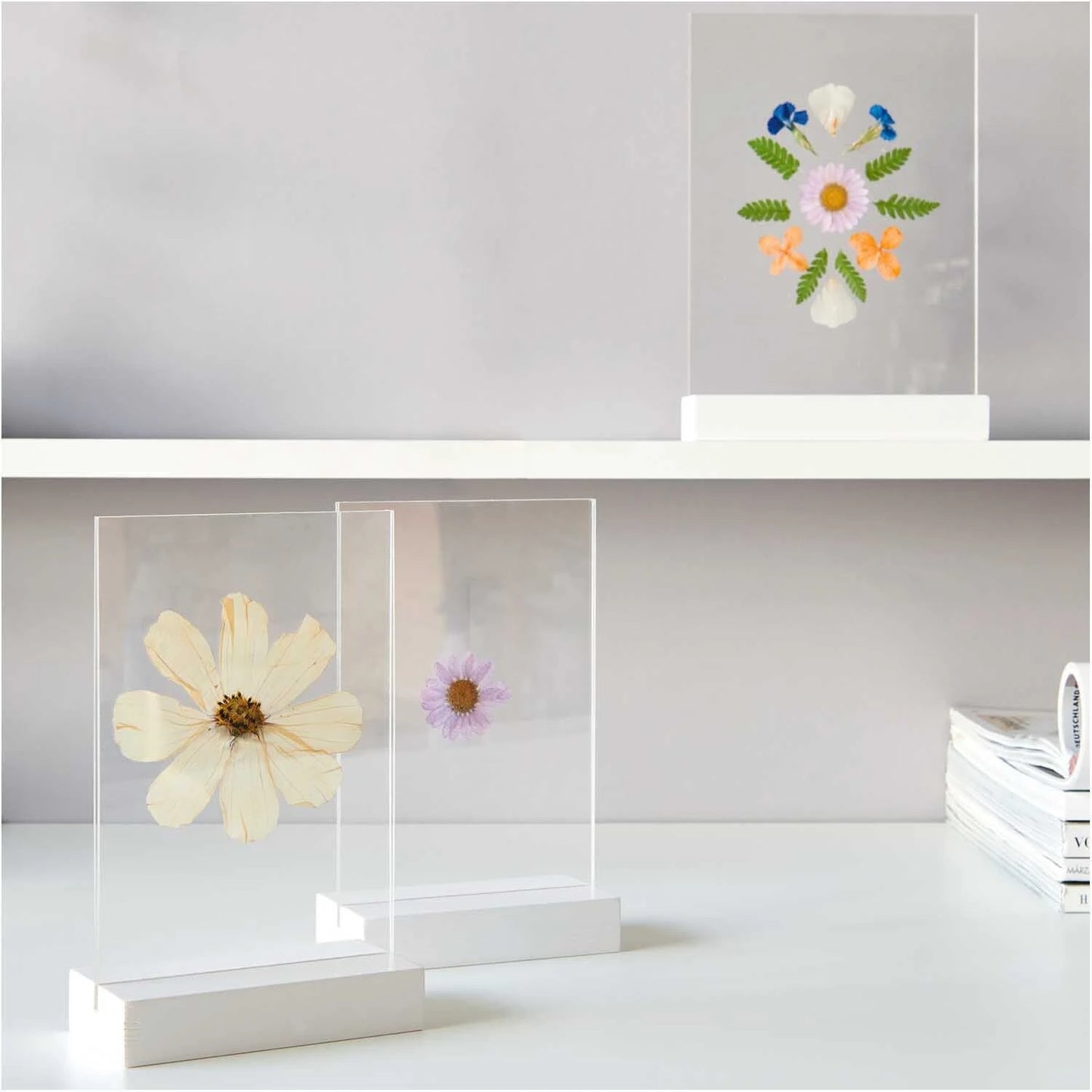 soporte de madera para fotos con la base en color blanco y un doble panel acrílico transparente, con flores prensadas colocadas en el interior