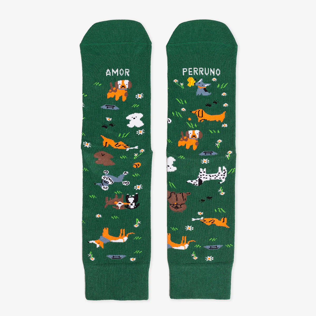 Calcetines amor perruno verdes con perritos diferentes dibujados