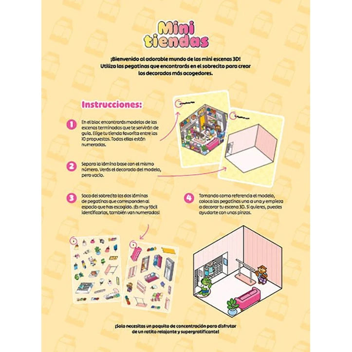 Contraportada del libro en el que se crean espacios de diferentes tiendas. La imagen indica las instrucciones, que consiste en que hay espacios vacíos que se completarán con las pegatinas que se aportan. Tomando de referencia las imágenes de estos espacios ya completos