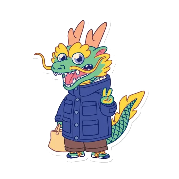 pegatina del dragón Lungo por yeaaah studio, mostrando un dragón de color verde y amarillo con una chaqueta y haciendo un peace sign