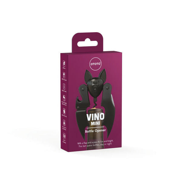 Caja burdeos del sacacorchos y abrebotellas Murciélago de Ototo, modelo Vino Mini, con imagen del producto en el frontal.