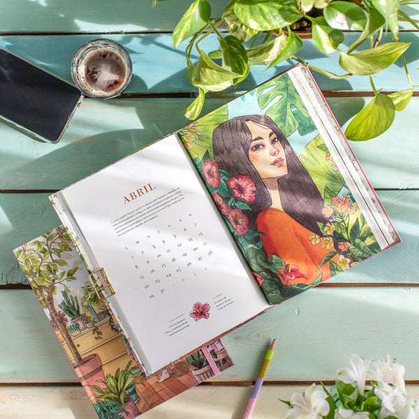 Portadilla de abril de la agenda 2024 de Esther Gili con la portada de una chica rodeada de plantas