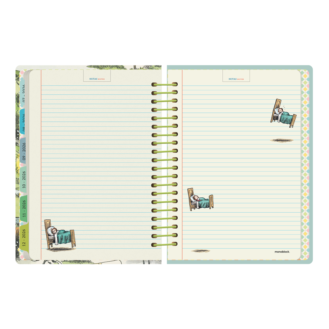 Doble página para notas de la Agenda Macanudo 2026 formato diario con ilustraciones de Enriqueta