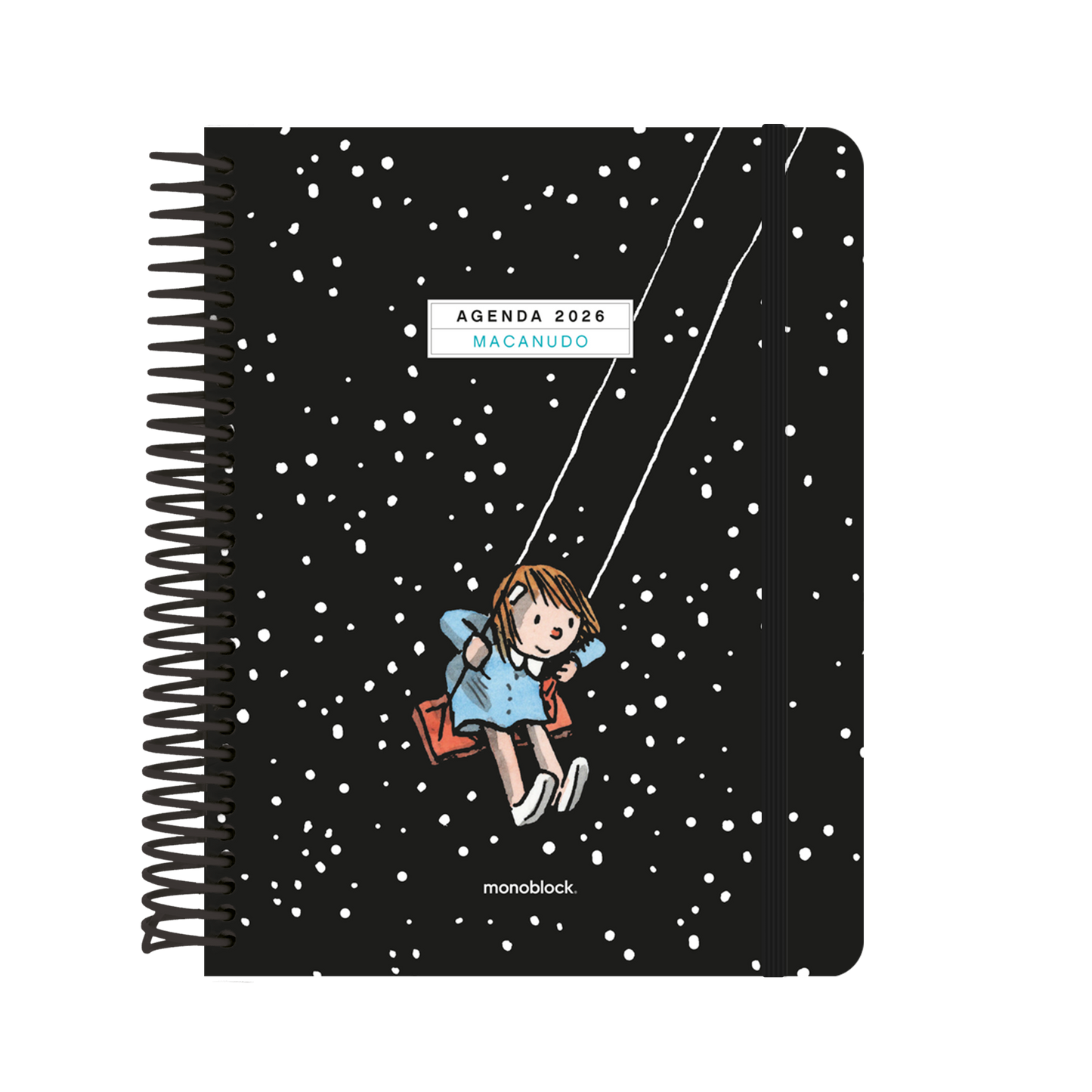 Agenda Macanudo 2026 formato diario con Enriqueta columpiándose con un cielo estrellado de fondo