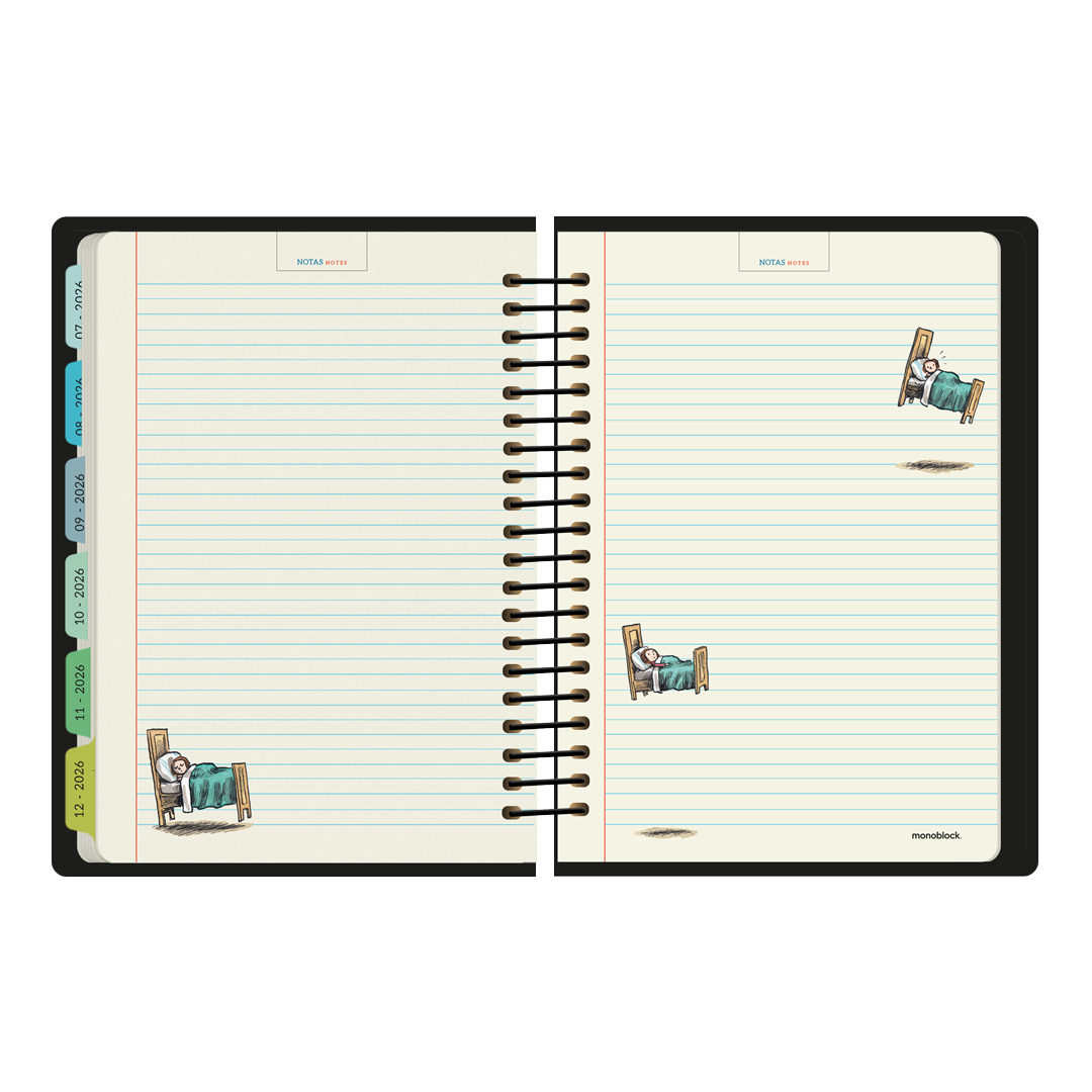 Doble página para notas de la Agenda Macanudo 2026 formato diario con ilustraciones de Enriqueta