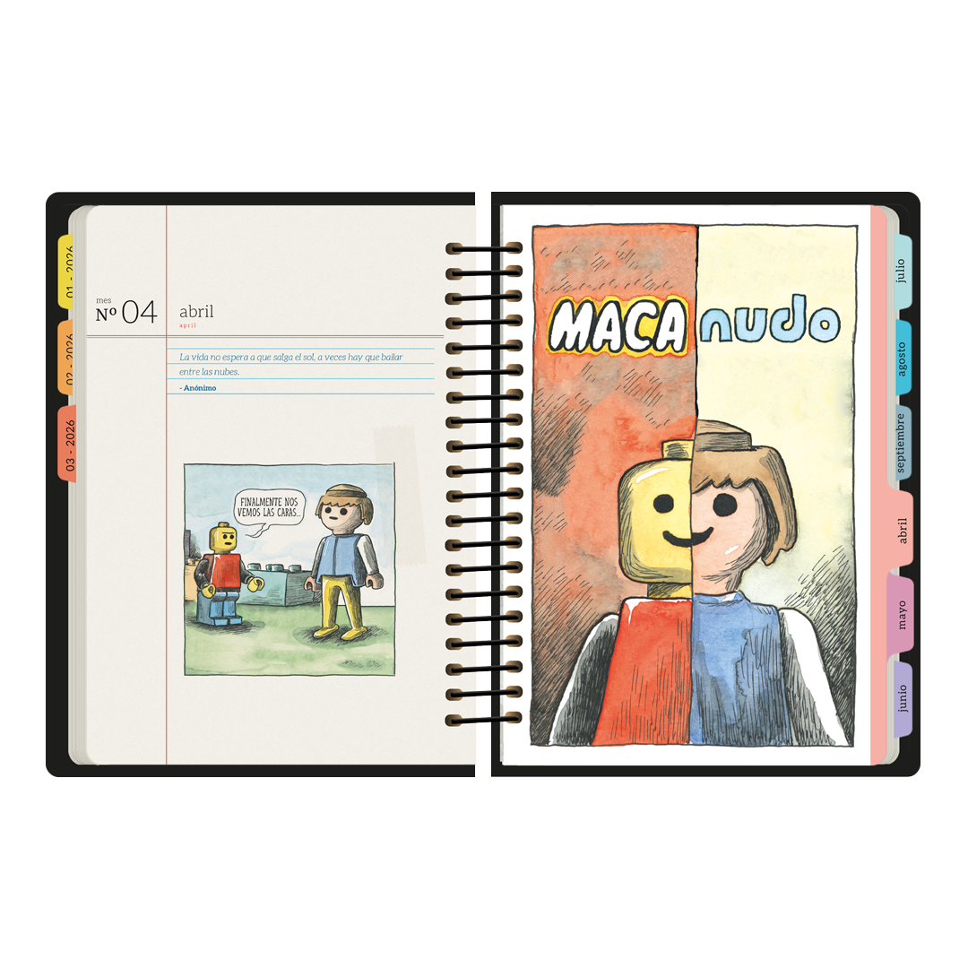 Portadilla de abril de la Agenda Macanudo 2026 formato diario con chiste gráfico sobre playmobil y lego