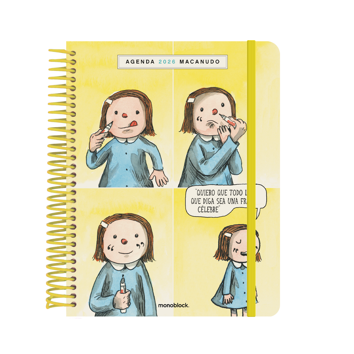 Agenda semanal 2026 Macanudo de Liniers con portada de Enriqueta pintándose comillas en el espejo