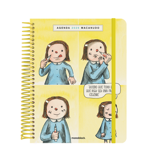 Agenda semanal 2026 Macanudo de Liniers con portada de Enriqueta pintándose comillas en el espejo