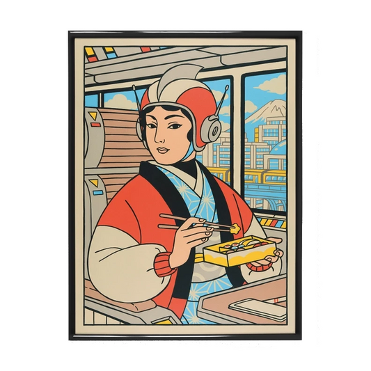 Print retrofuturista de una mujer comiendo sushi a bordo de un tren