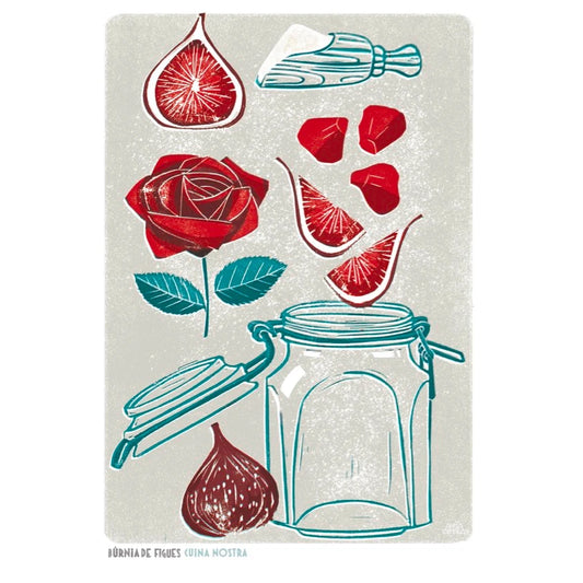 Ilustración en rojos y grises con los ingredientes de la búrnia de figues, un plato medieval valenciano
