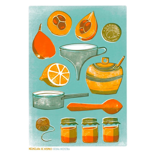 Ilustración en naranjas y azules con ingredientes y utensilios para elaborar mermelada de nísperos.