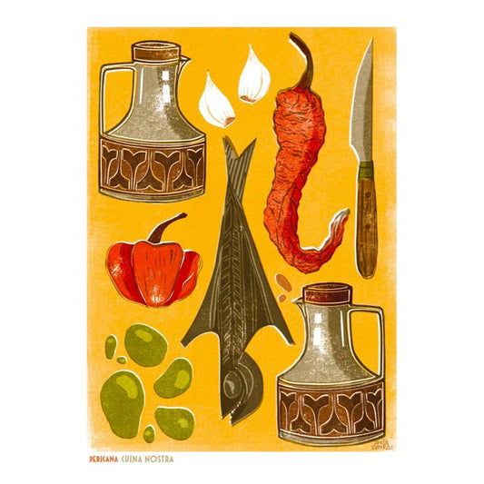 Ilustración con ingredientes de la pericana, plato tradicional de la gastronomía valenciana