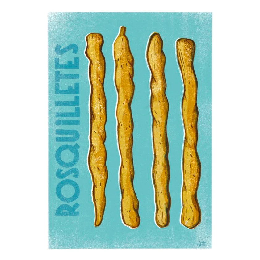 Ilustración de Aneta Tarmokas de cuatro rosquilletas de Castellón sobre fondo azul