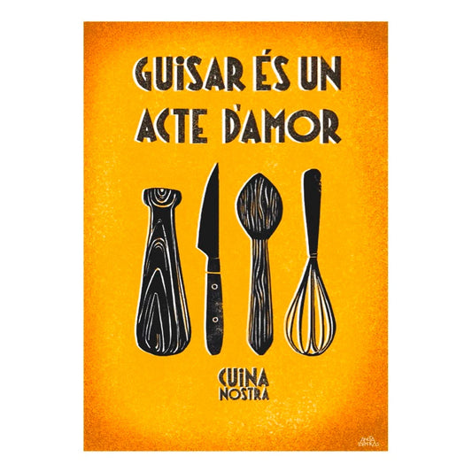 Ilustración de varios utensilios de cocina sobre fondo naranja y la frase Fuisar és un acte d'amor