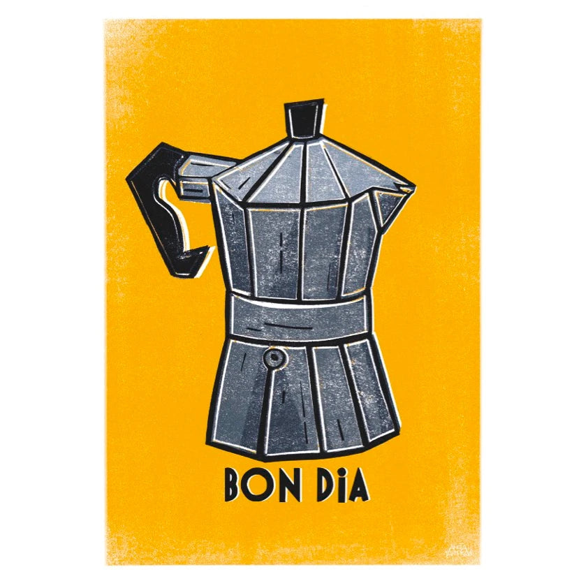Ilustración de una cafetera italiana sobre fondo amarillo con el texto en valenciano Bon dia