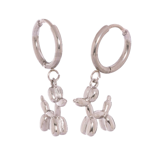 Pendientes de aro de acero inoxidable plateados con forma de perro caniche hecho de globos