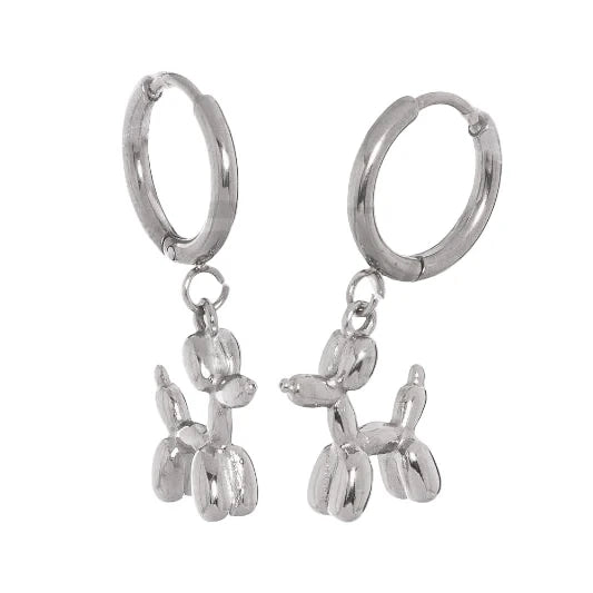 Pendientes de aro de acero inoxidable plateados con forma de perro caniche hecho de globos