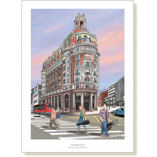 Print A4 con ilustración de la fachada del banco de Valencia