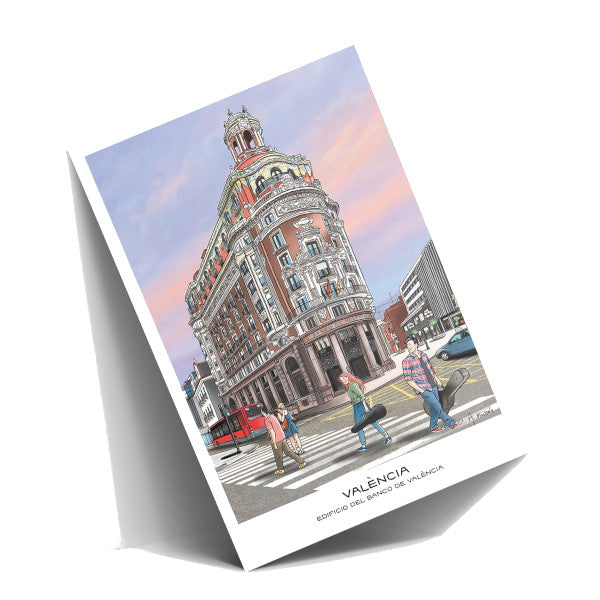 Postal con ilustración del edificio del Banco de Valencia