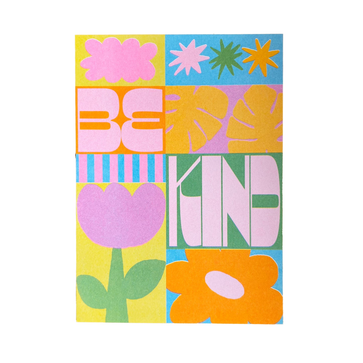 Mini print de colores con flores, hojas, estrellas y el mensaje BE KIND