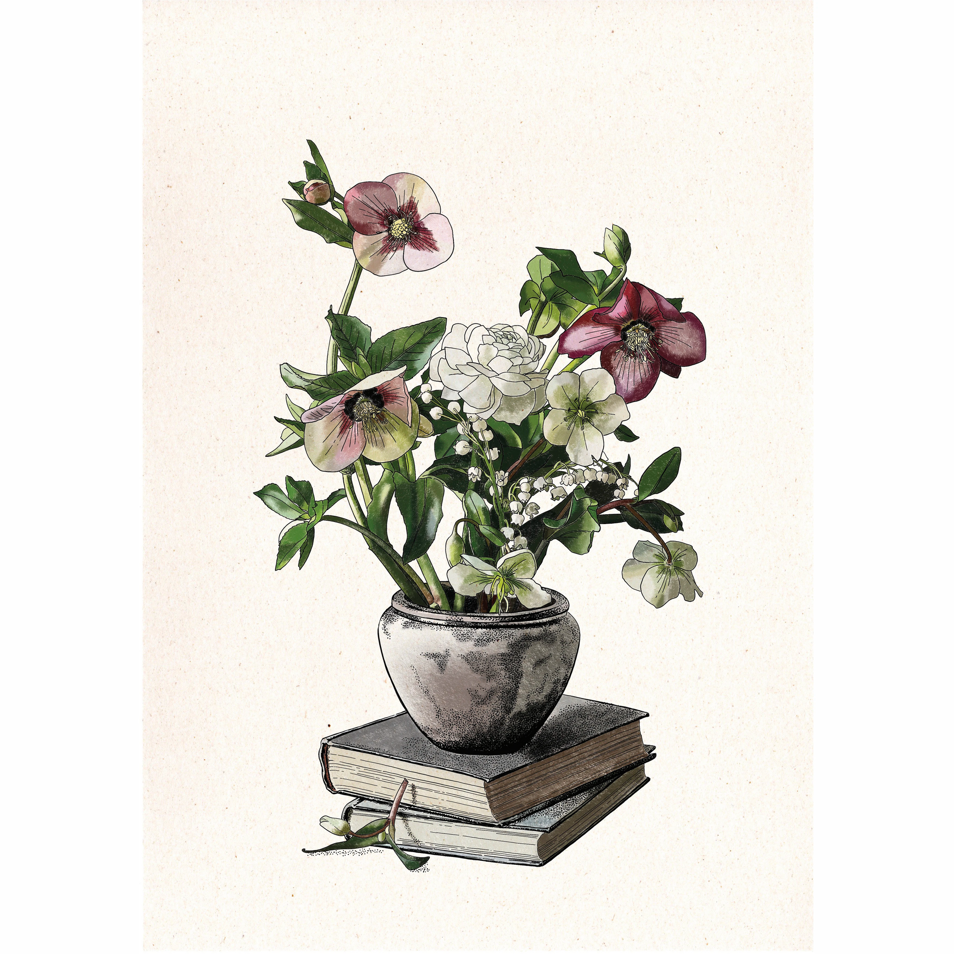 lámina ilustrada por Laura Agustí de unos libros cerrados, haciendo de base para una maceta de donde salen varias flores de colores rosas y blancos