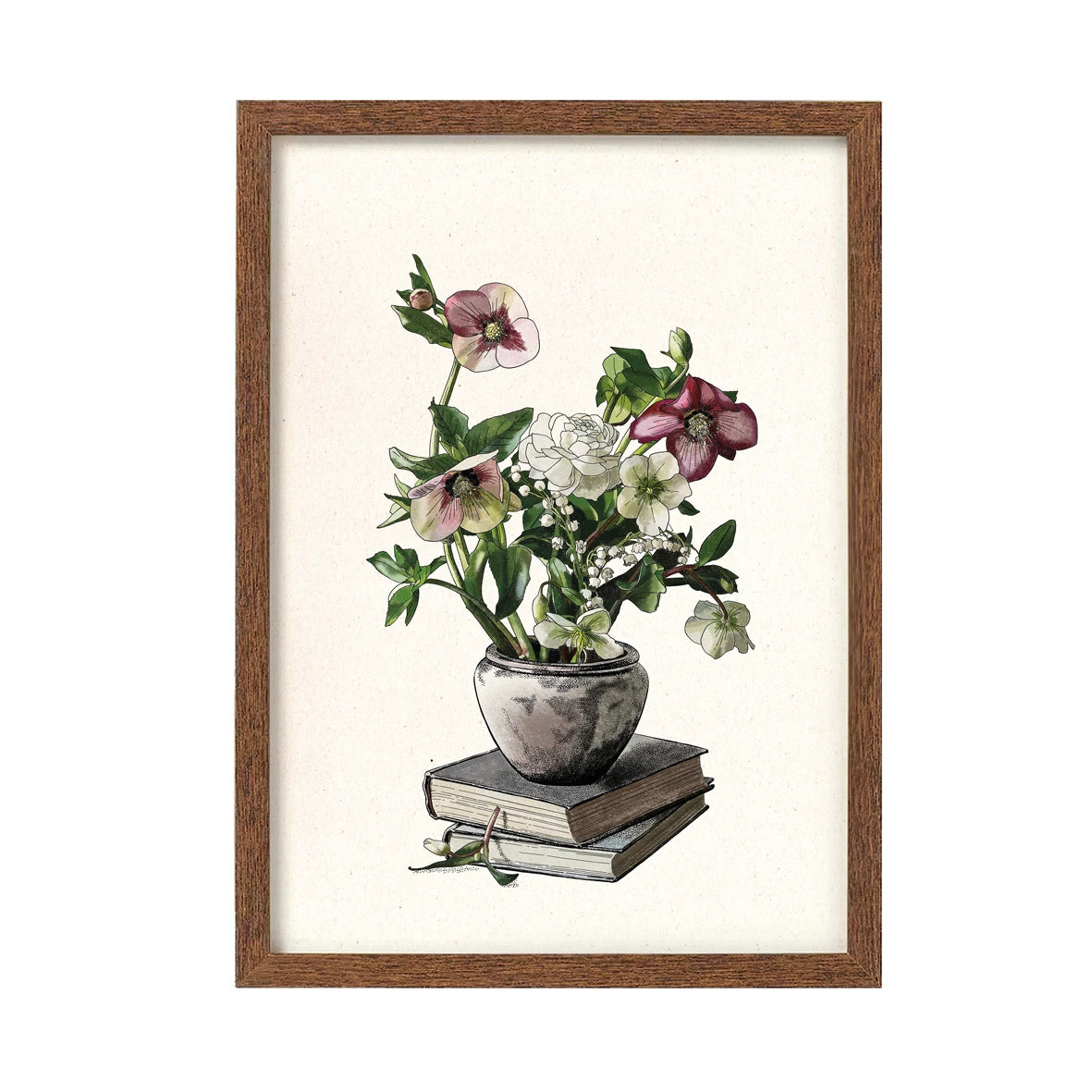 lámina ilustrada por Laura Agustí de unos libros cerrados, haciendo de base para una maceta de donde salen varias flores de colores rosas y blancos, enmarcada en un marco de madera en color marrón oscuro