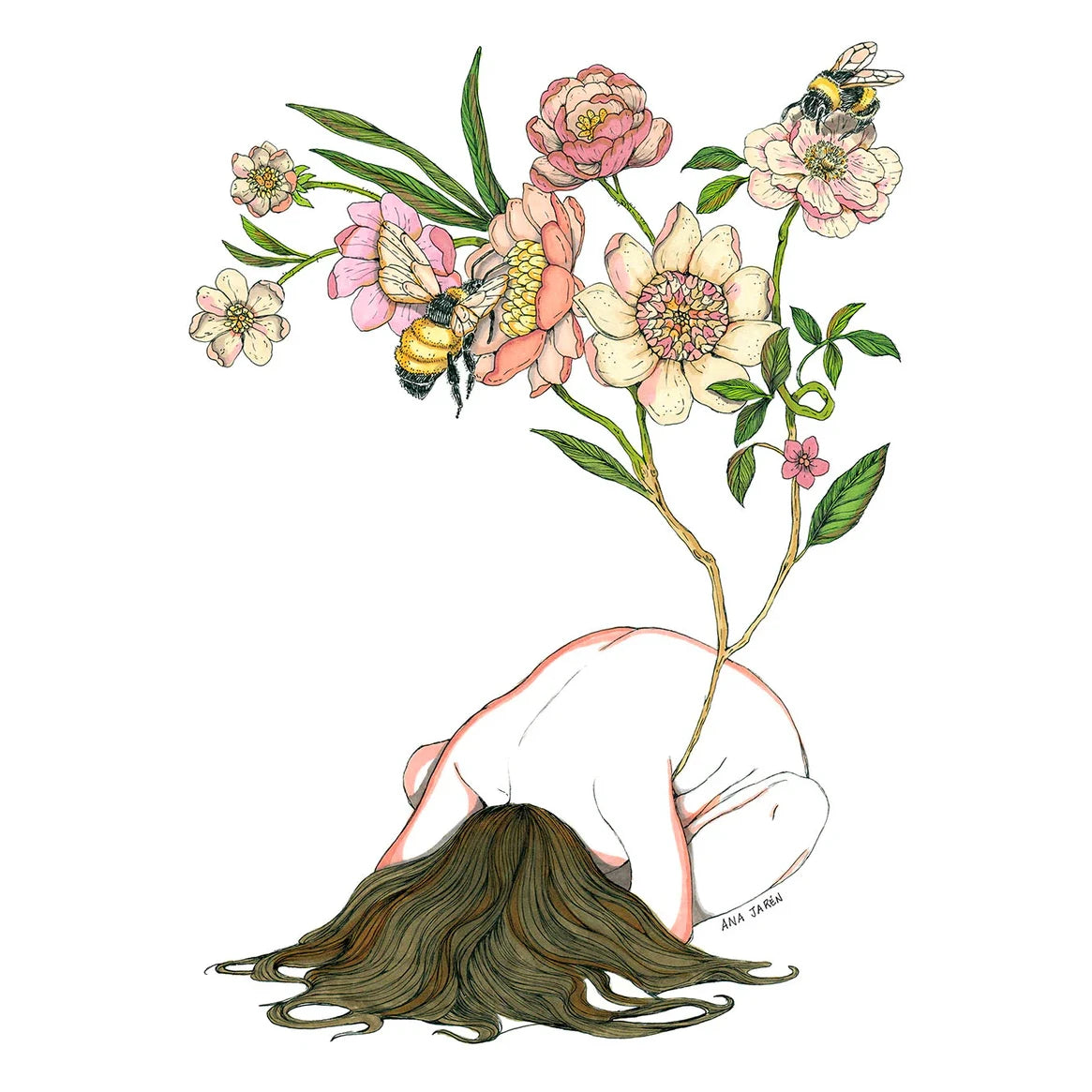 Lámina de Ana Jarén que muestra una chica hecha bola con flores nacientes de ella y dos abejas