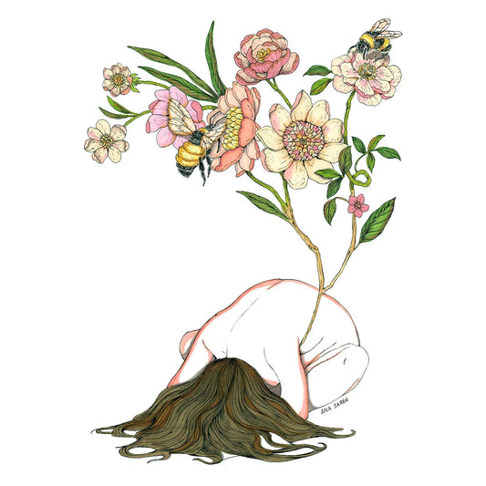 Lámina de Ana Jarén que muestra una chica hecha bola con flores nacientes de ella y dos abejas