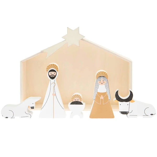 Belen en madera con las figuras de la virgen, josé, el niño jesús, la mula y el buey.