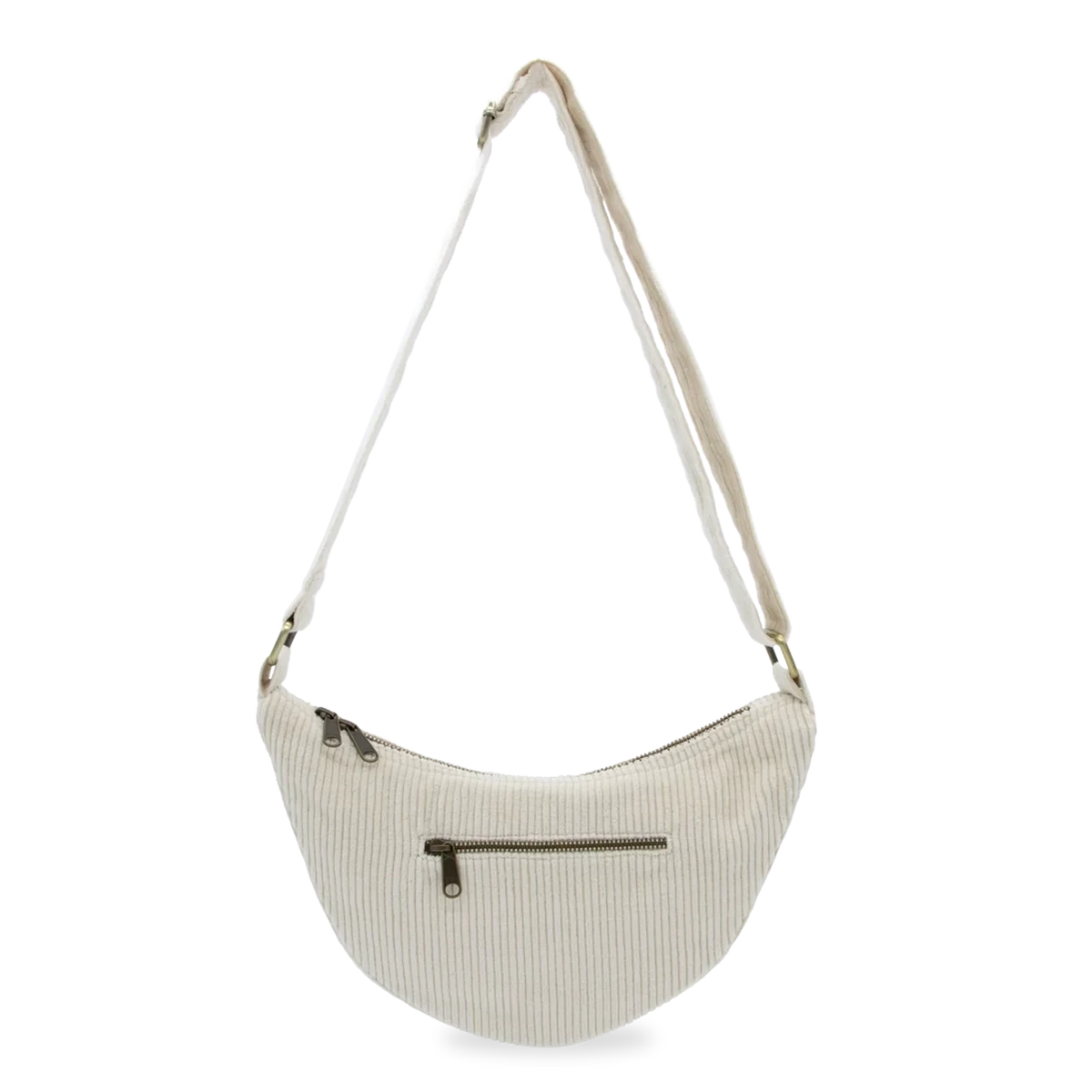 Parte de atrás del bolso riñonera de pana beige de la marca Hindbag con forma de media luna