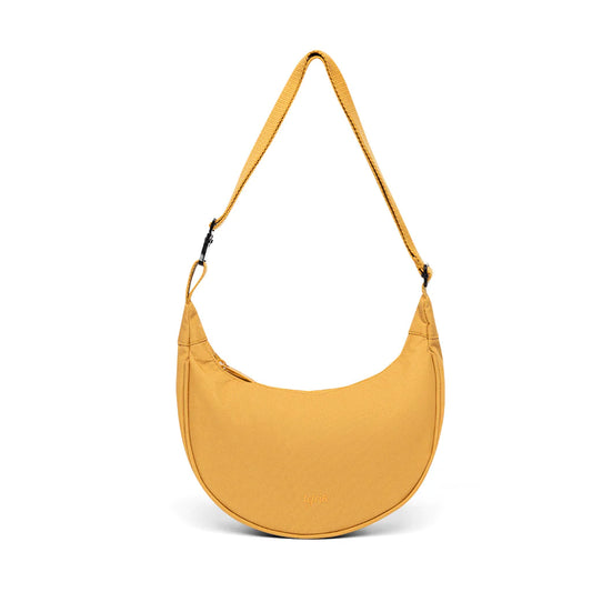 Bolso con forma de media luna color amarillo mostaza
