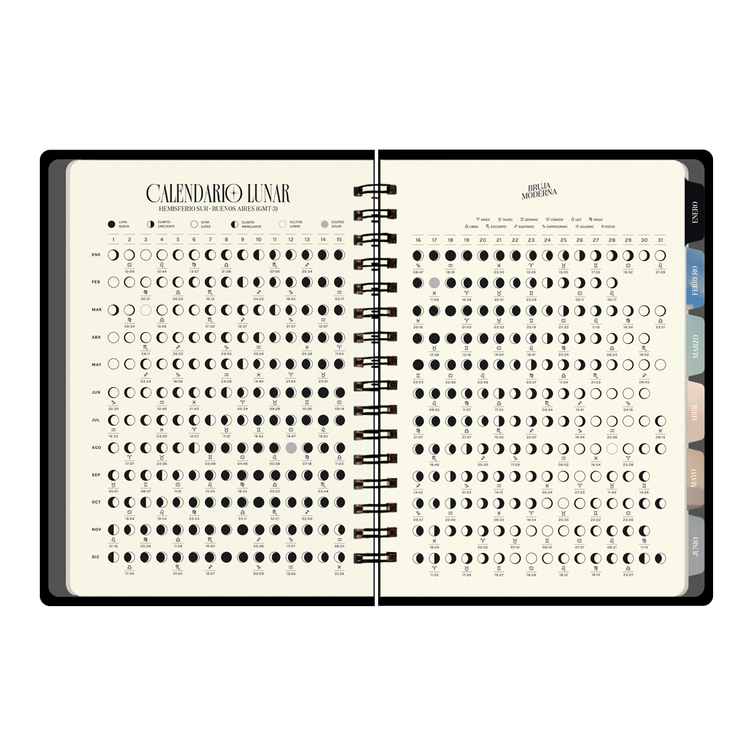 Calendario lounar en la agenda 2026 de la Bruja Moderna con formato a dos días por hoja