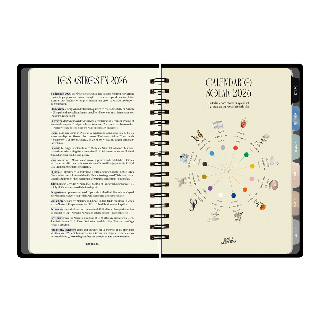 Doble página con explicación asaral y calendario solar de la agenda 2026 de la Bruja Moderna con formato a dos días por hoja