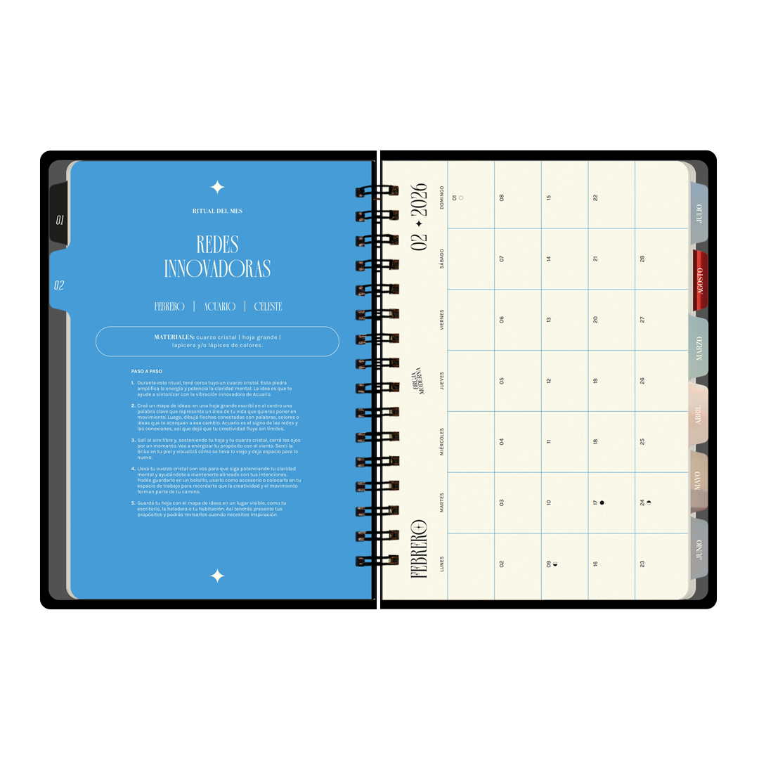 Ritual de febrero y calendario mensual de la agenda 2026 de la Bruja Moderna con formato a dos días por hoja