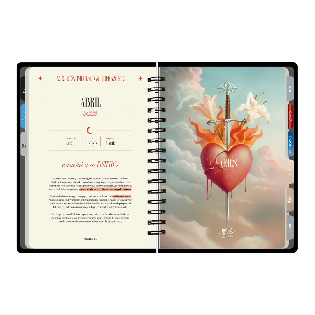 Portadilla de abril dedicada a aries en la agenda 2026 de la Bruja Moderna con formato a dos días por hoja