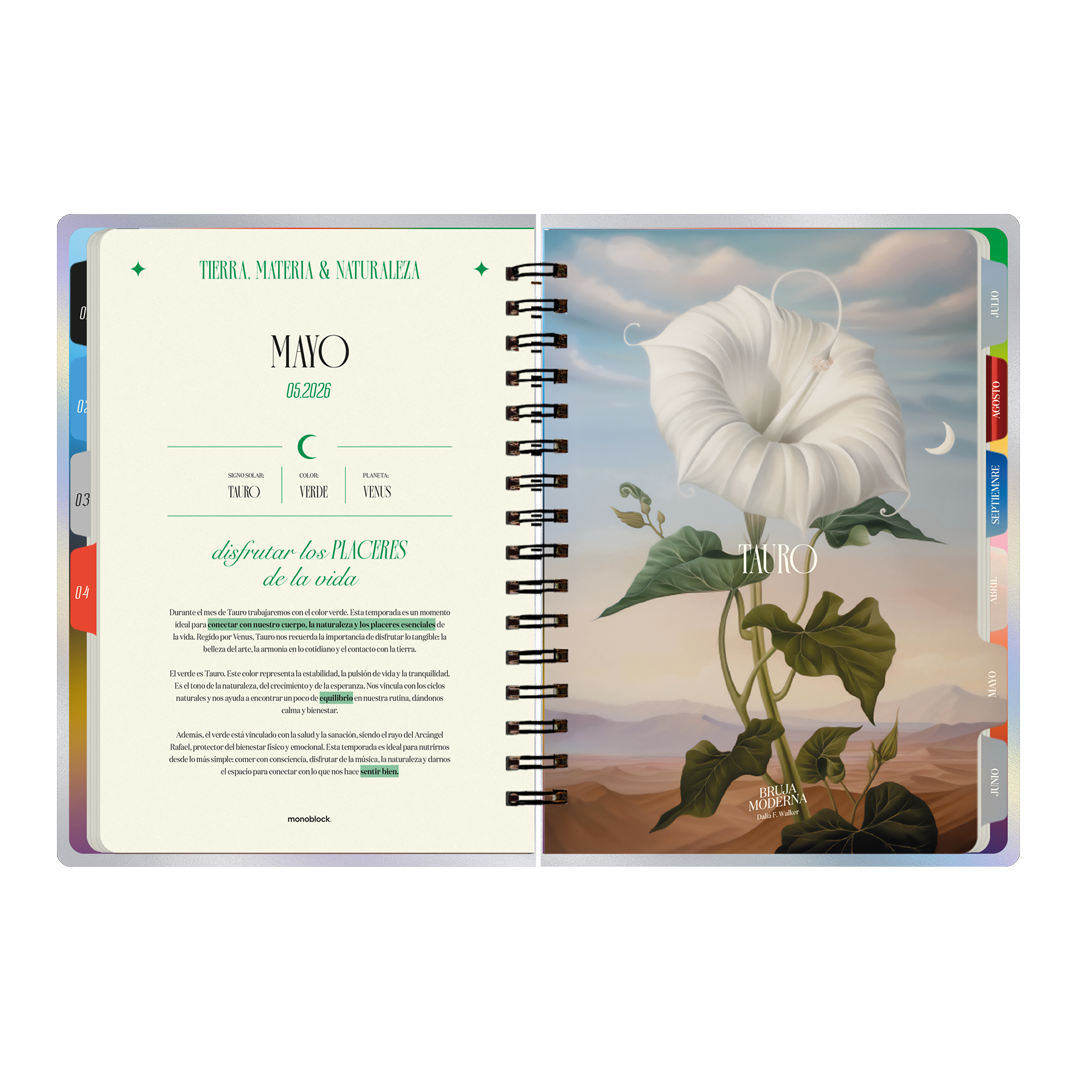 Portadilla de mayo, dedicada a Tauro en la agenda 2026 de la Bruja Moderna con formato a dos días por hoja