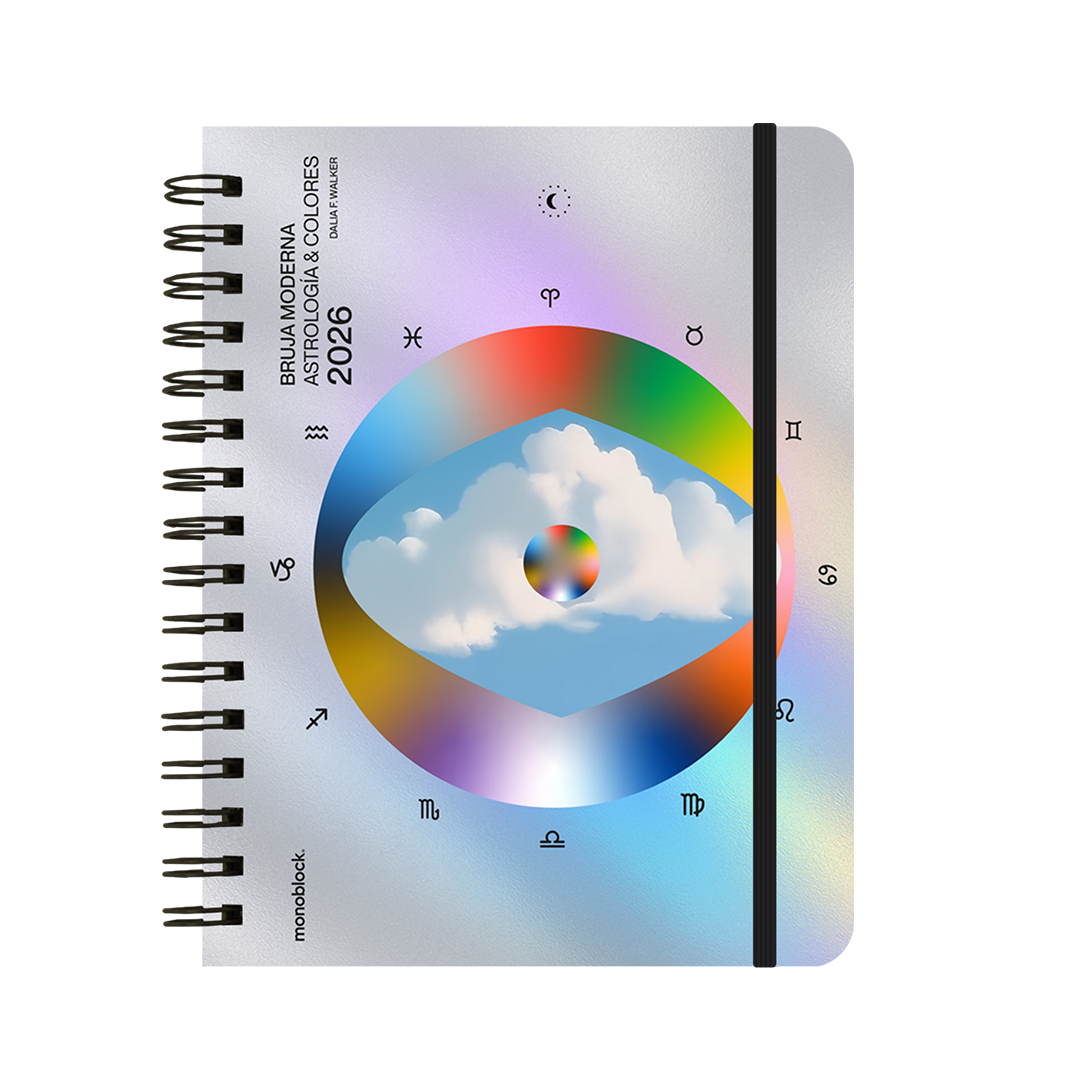 Agenda 2026 de la Bruja Moderna con formato dos días por hoja y portada con un ojo de colores y signos del zodiaco