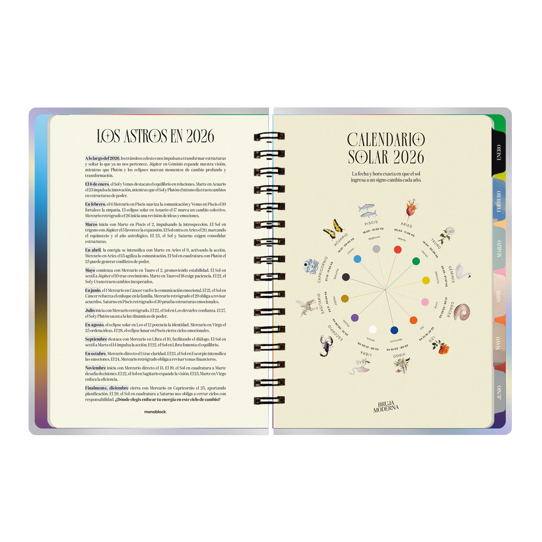 Doble página con explicación asaral y calendario solar de la agenda 2026 de la Bruja Moderna con formato a dos días por hoja